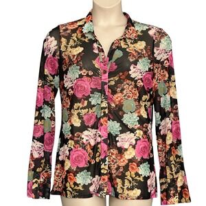 Willow Root Women Top L Black Floral Sheer Mesh Ruched Fitted Retro Y2K Romantic